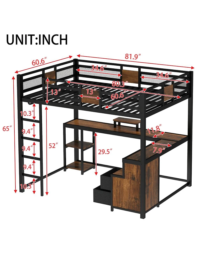 Streamdale Furniture Metal Queen Loft Bed with Desk and Storage Drawers