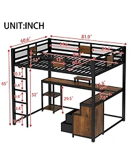Streamdale Furniture Metal Queen Loft Bed with Desk and Storage Drawers