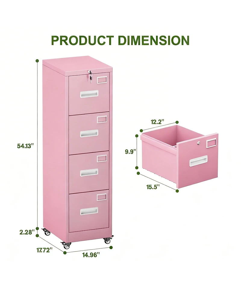 Yigii 4 Drawer Metal File Cabinet with Wheels, Lockable, Name Cards, Easy to Move