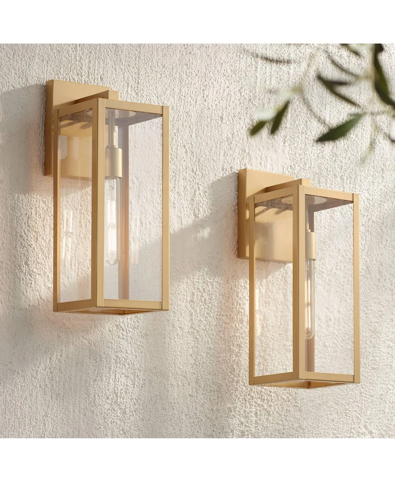 John Timberland Titan Modern Outdoor Wall Light Fixtures Set of 2 Soft Gold Rectangular Frame Clear Glass for Post Exterior Barn