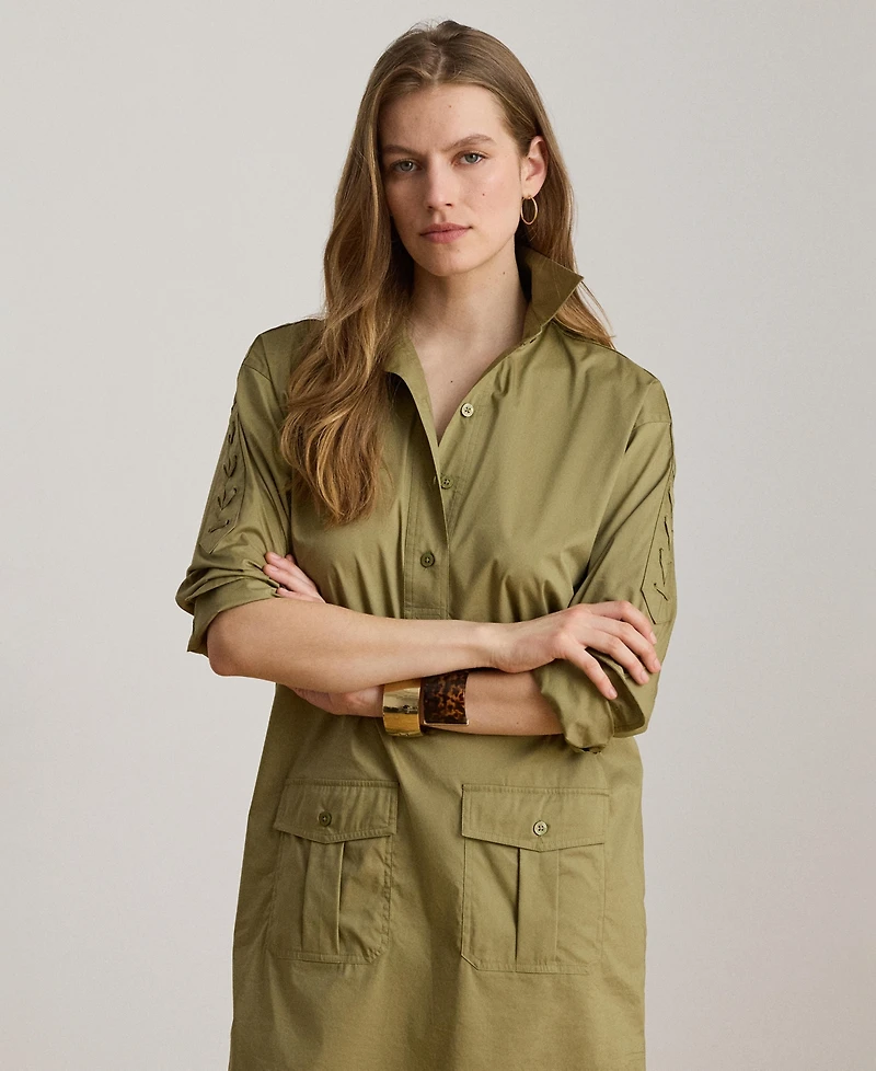 Lauren Ralph Women's Spread Collar Lace-Up Trim Shirt Dress