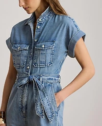 Lauren Ralph Women's Spread Collar Belted Denim Wide-Leg Jumpsuit