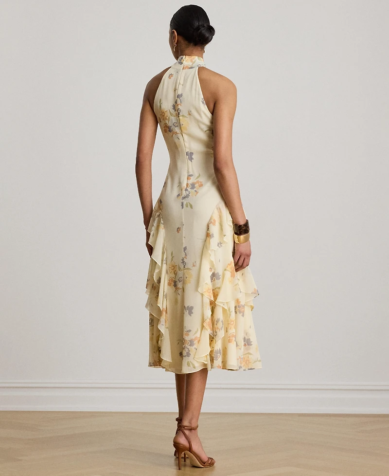 Lauren Ralph Floral Ruffle-Trim Halter Cocktail Dress