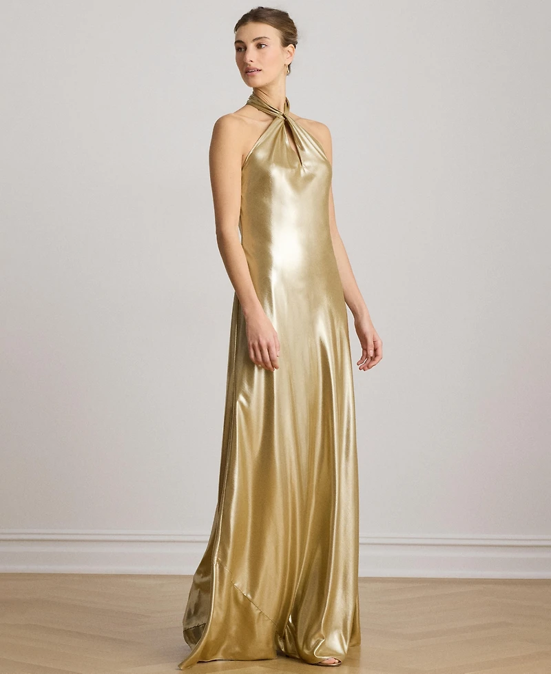 Lauren Ralph Metallic Chiffon Halter Gown