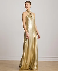 Lauren Ralph Metallic Chiffon Halter Gown