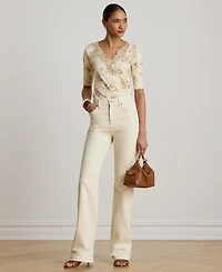 Lauren Ralph Women's V-Neck Floral Lace-Trim Rib-Knit Top