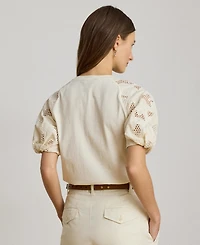 Lauren Ralph Women's Crewneck Eyelet-Bubble-Sleeve Top