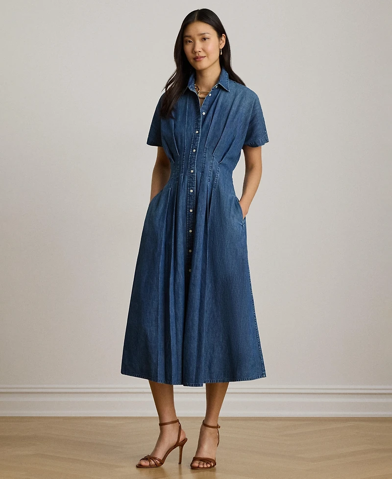 Lauren Ralph Women's Point Collar Pleated Denim Shirt Dress
