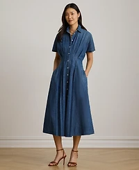Lauren Ralph Women's Point Collar Pleated Denim Shirt Dress