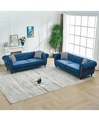 Streamdale Furniture 3 And 3 Velvet Chesterfield Sofa with Roll Armrest and Nailhead