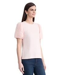 Jones New York Women's Eyelet Puff-Sleeve Crew Neck Top