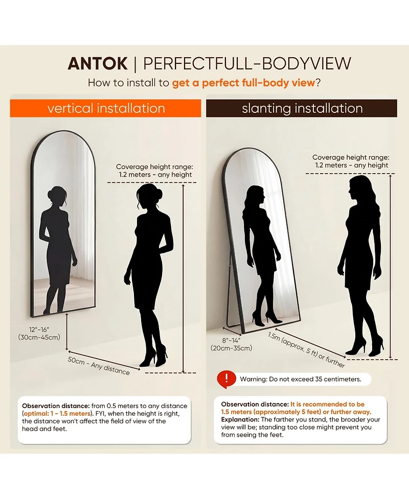 Antok Full Length Mirror, 64"x21" Floor Mirror, Arch Floor Standing Mirror Freestanding Arch Full Body with Stand for Bedroom