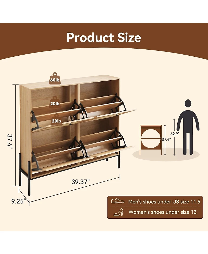 Streamdale Furniture Rattan Shoe Cabinet, 4-Door Flip, Narrow Entry Storage