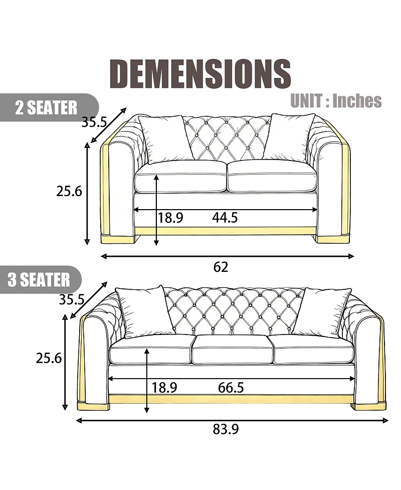 Streamdale Furniture Velvet Tufted Luxury Sofa with Gold Steel Trim