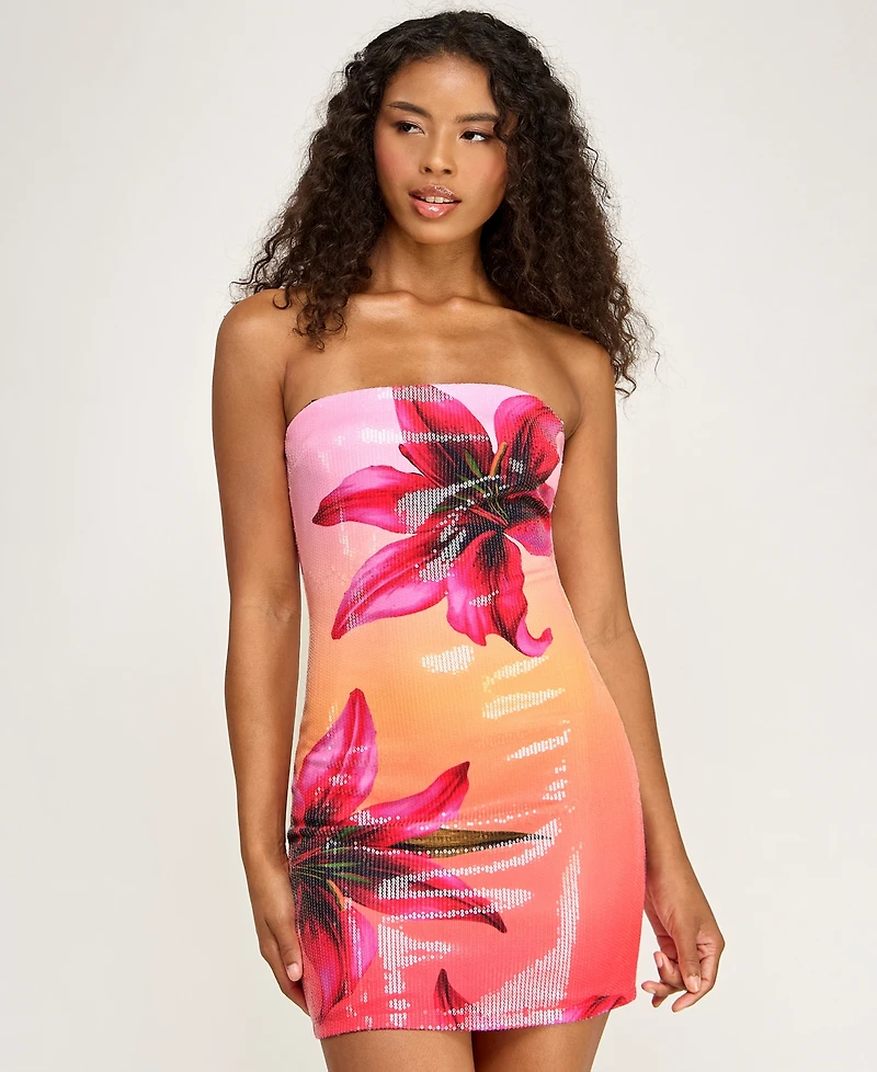 Seni & Cade Women's Tropical Floral Sequin Strapless Mini Dress