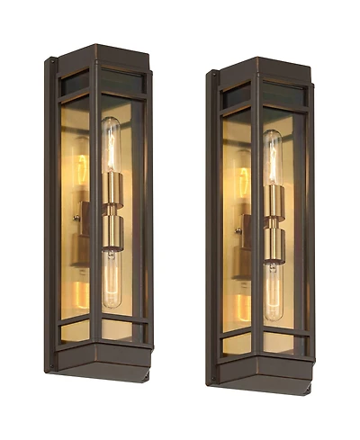 John Timberland Catie High Modern 2-Light Outdoor Wall Light Fixture Mount Porch House Set of 2 Sand Bronze and Brass Finish