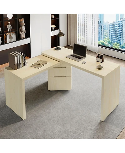 Streamdale Furniture 90" Modern L-Shape Wood Desk with 3 Drawers and Rotating Top