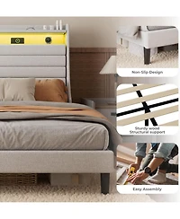 gaomon Led Bed Frame with Charging Station, Wooden Platform Upholstered Headboard and Slat Support, No Noise, Box