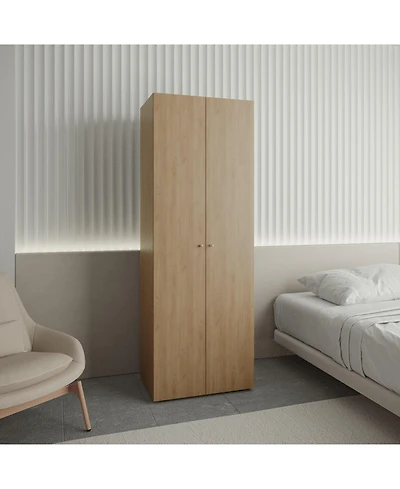 Flynama Home 2 Doors Closet System Armoire Hanging Rod Storage Shelf Oak Modern Bedroom Organization Storage 66.9inch High