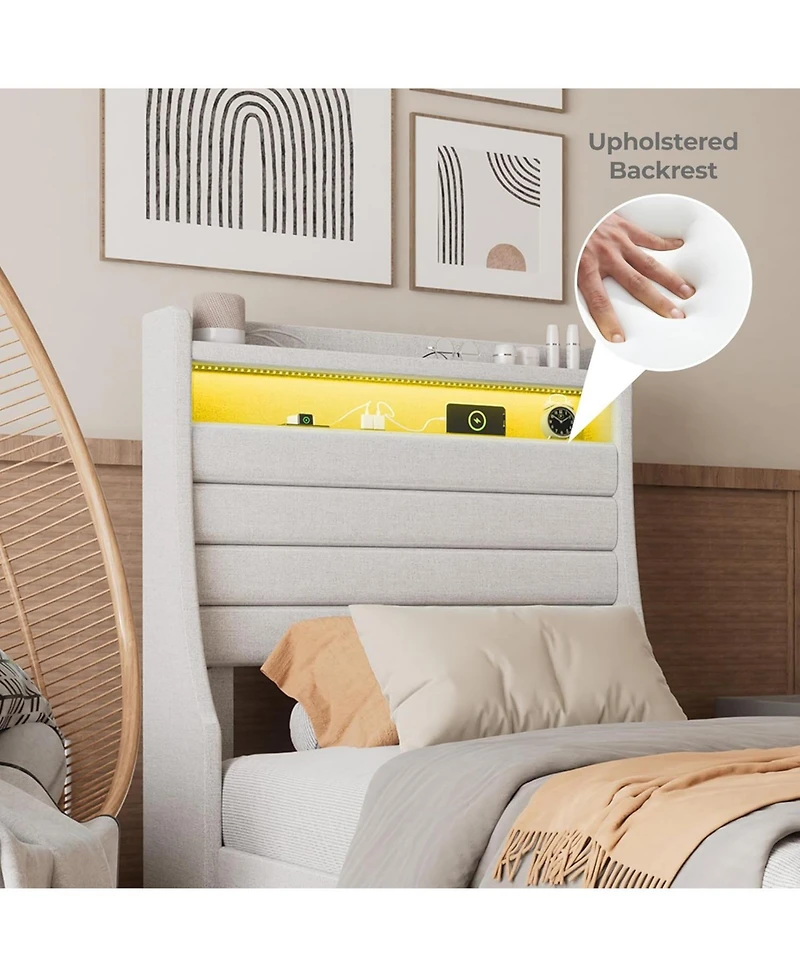 gaomon Led Bed Frame with Charging Station, Wooden Platform Upholstered Headboard and Slat Support, No Noise, Box
