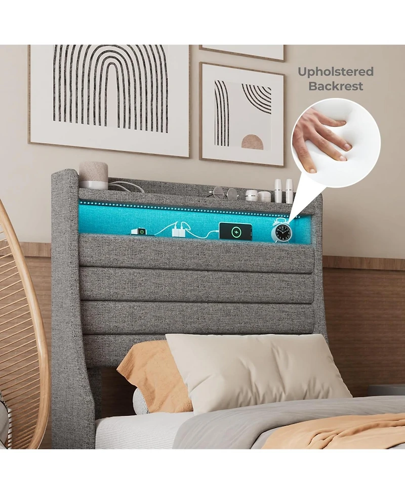gaomon Led Bed Frame with Charging Station, Wooden Platform Upholstered Headboard and Slat Support, No Noise, Box