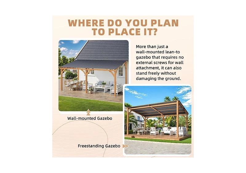 Aecojoy 16' x 10' Outdoor Wooden Gazebo, Patio Lean to Hardtop Pergolas and Gazebos