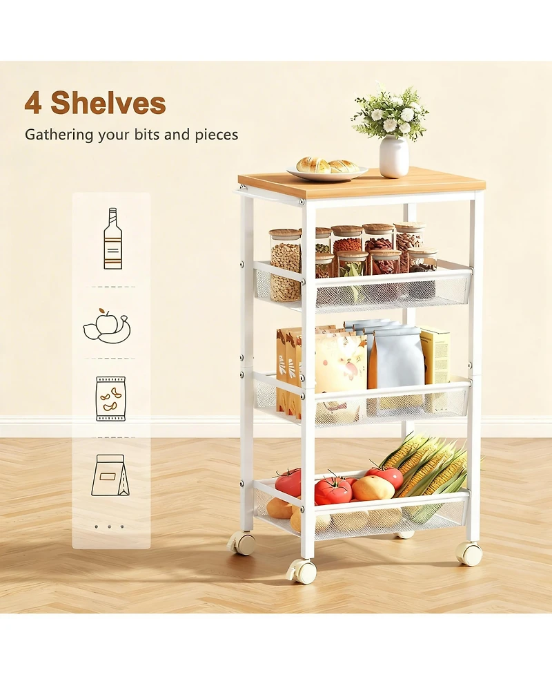 Yigii 4-Tier Metal Wire Shelves Kitchen Utility Cart with Wheels Narrow Mobile Shelving Unit