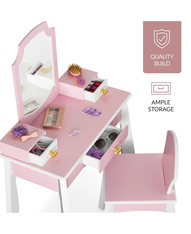 Best Choice Kids Wooden Pretend Play Vanity and Chair Set w/ Mirror - Little Girls Makeup Table with 3 Drawers