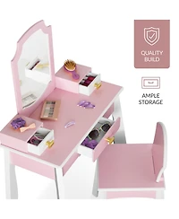 Best Choice Kids Wooden Pretend Play Vanity and Chair Set w/ Mirror - Little Girls Makeup Table with 3 Drawers