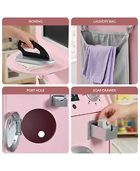 Best Choice Products Pretend Play Kids Wooden Stacked Washer and Dryer Set w/ Toy Laundry Storage Accessories