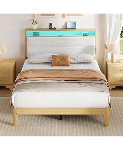 homfan Bed Frame with Led Headboard Shelf, Linen Upholstered Platform Full Strong Wood Slats Support, Easy Assembly