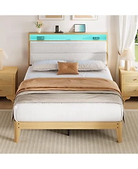 homfan Bed Frame with Led Headboard Shelf, Linen Upholstered Platform Full Strong Wood Slats Support, Easy Assembly