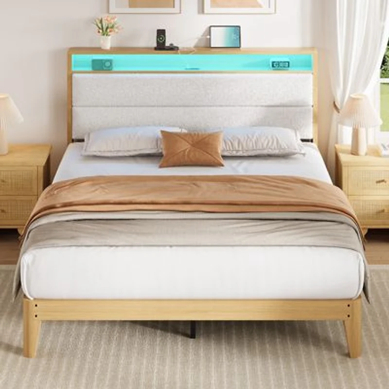 Homfan Bed Frame With Led Headboard Shelf Linen Upholstered Platform Bed Frame With Strong Wood Slats Support Easy Assembly