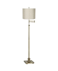 360 Lighting Swing Arm Floor Lamp Adjustable Height 70" Tall Antique Brass Off Embroidered Hourglass Fabric Drum Shade Living Room