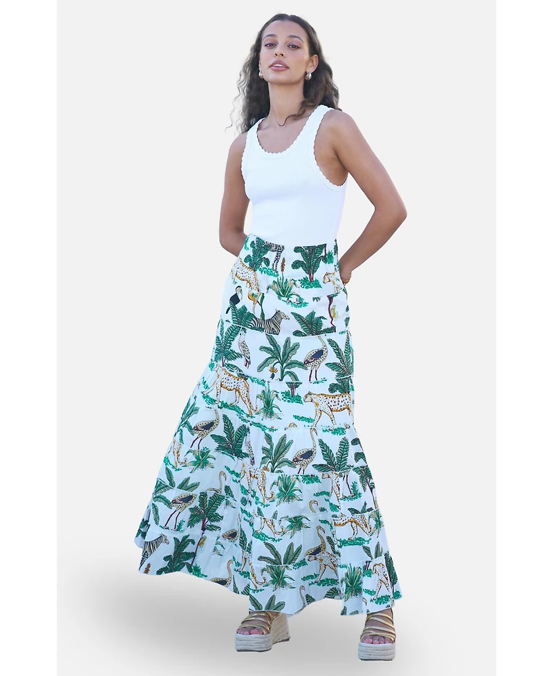 Yumi Women's Animal Print Cotton Tiered Maxi Skirt