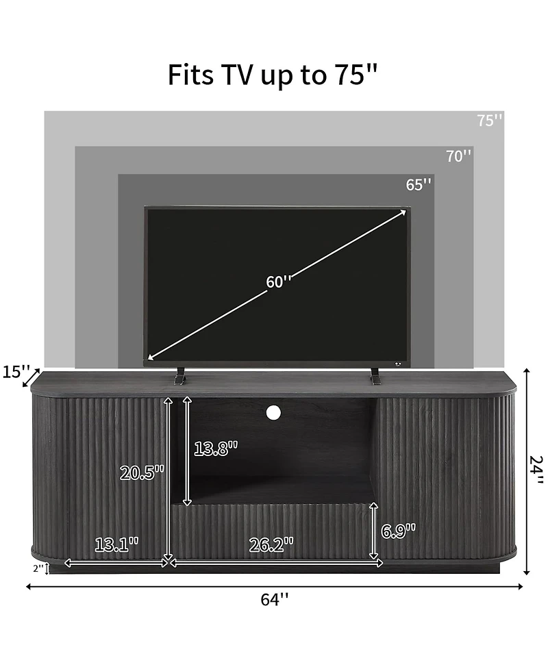 Rainsken 64" Fluted Tv Stand, Mid Century Modern Entertainment Center with 2 Doors, 1 Drawer and Open Shelf, Media Console Table for Living Room