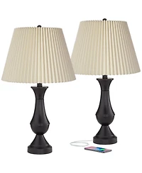 Regency Hill Blakely Modern Table Lamps 25" High Set of 2 with Usb Charging Ports Touch On Off Linen Shade for Bedroom Living Room Desk