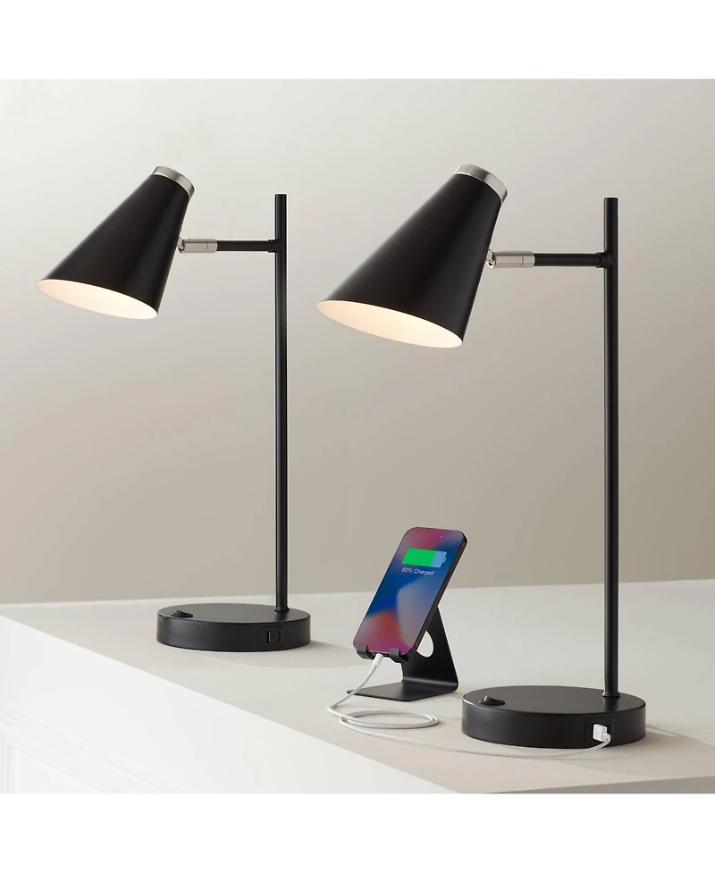 360 Lighting Duke 20 3/4" High Mid Century Modern Desk Lamps Set of 2 Usb Port Nickel Finish Metal Home Office Charging