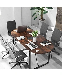 Sugift Executive Table Oval Home Office Table with Cable Management Hole-Rustic Brown