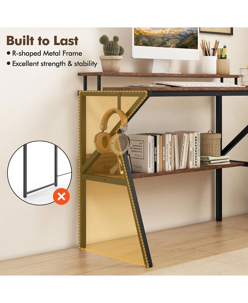 Sugift Space Saving Computer Desk with Monitor Stand and Extra Storage Shelf for Work Study-Rustic Brown