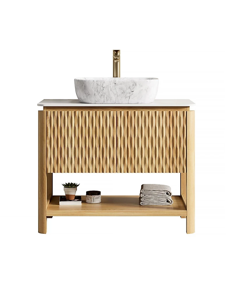 Sillysis Modern Bathroom Vanity with Fluted Solid Wood Doors, Carrara Sintered Stone Top