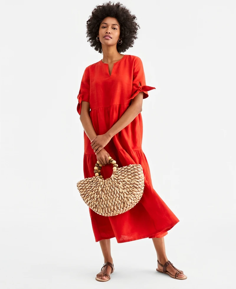 Charter Club Women's 100% Linen Tie-Sleeve Tiered Midi Dress, Created for Macy's