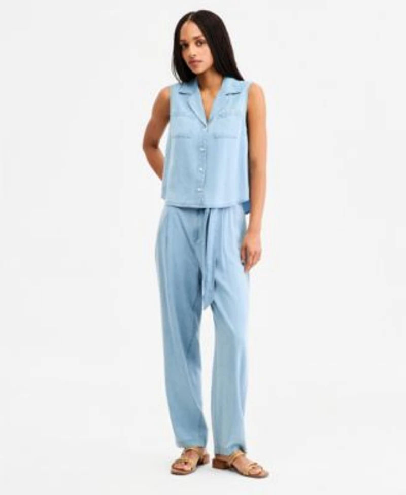 Tommy Hilfiger Womens Chambray Collared Sleeveless Shirt Tapered Pants