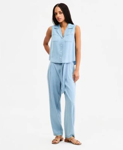 Tommy Hilfiger Womens Chambray Collared Sleeveless Shirt Tapered Pants