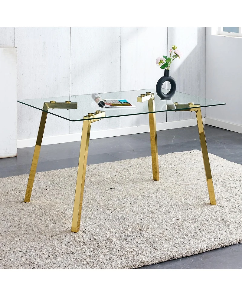 Streamdale Furniture Modern minimalist rectangular glass dining table with golden metal legs.