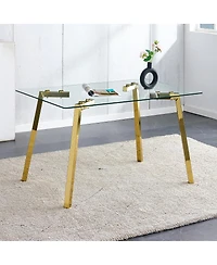 Streamdale Furniture Modern minimalist rectangular glass dining table with golden metal legs.