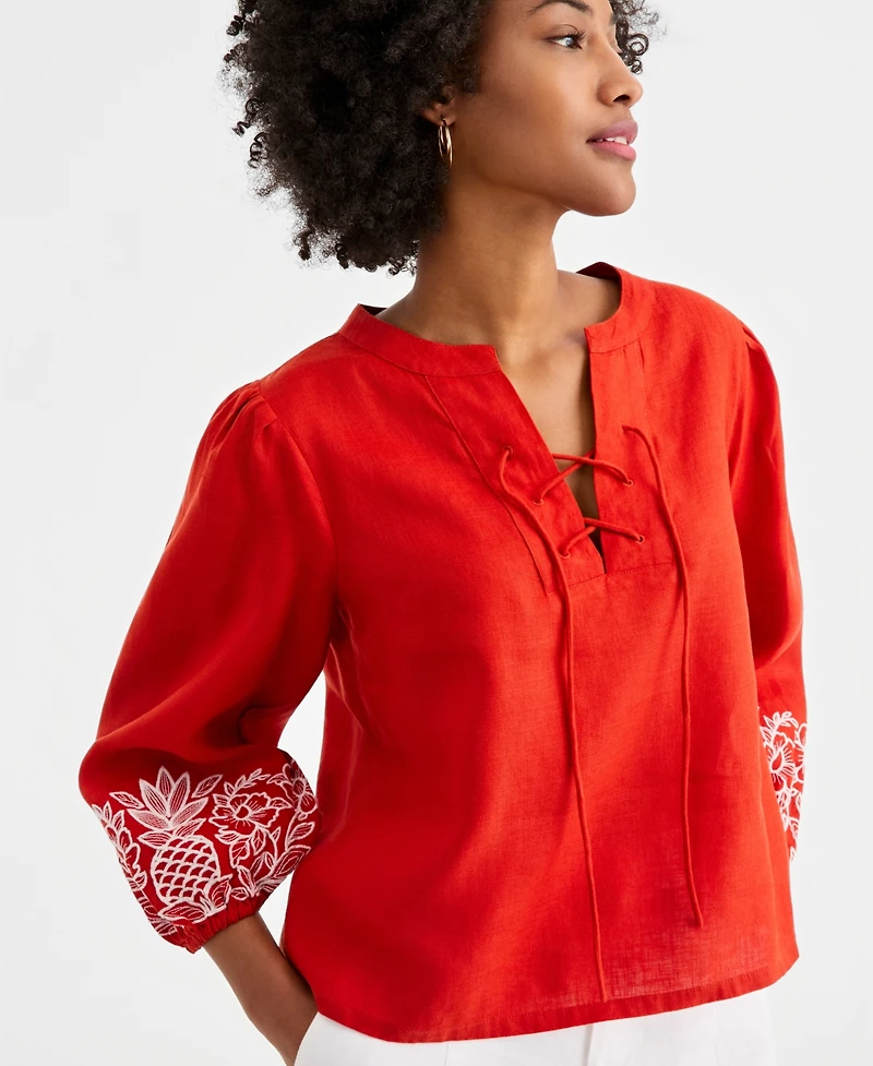 Charter Club Women's Embroidered Blouson-Sleeve 100% Linen Blouse, Macy's Exclusive
