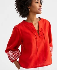Charter Club Women's Embroidered Blouson-Sleeve 100% Linen Blouse, Macy's Exclusive