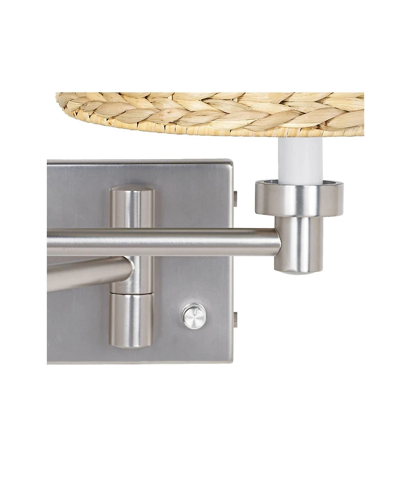 Possini Euro Design Modern Swing Arm Wall Lamps Set of 2 Brushed Nickel Plug-In Light Fixture Woven Seagrass Shade Bedroom Bedside