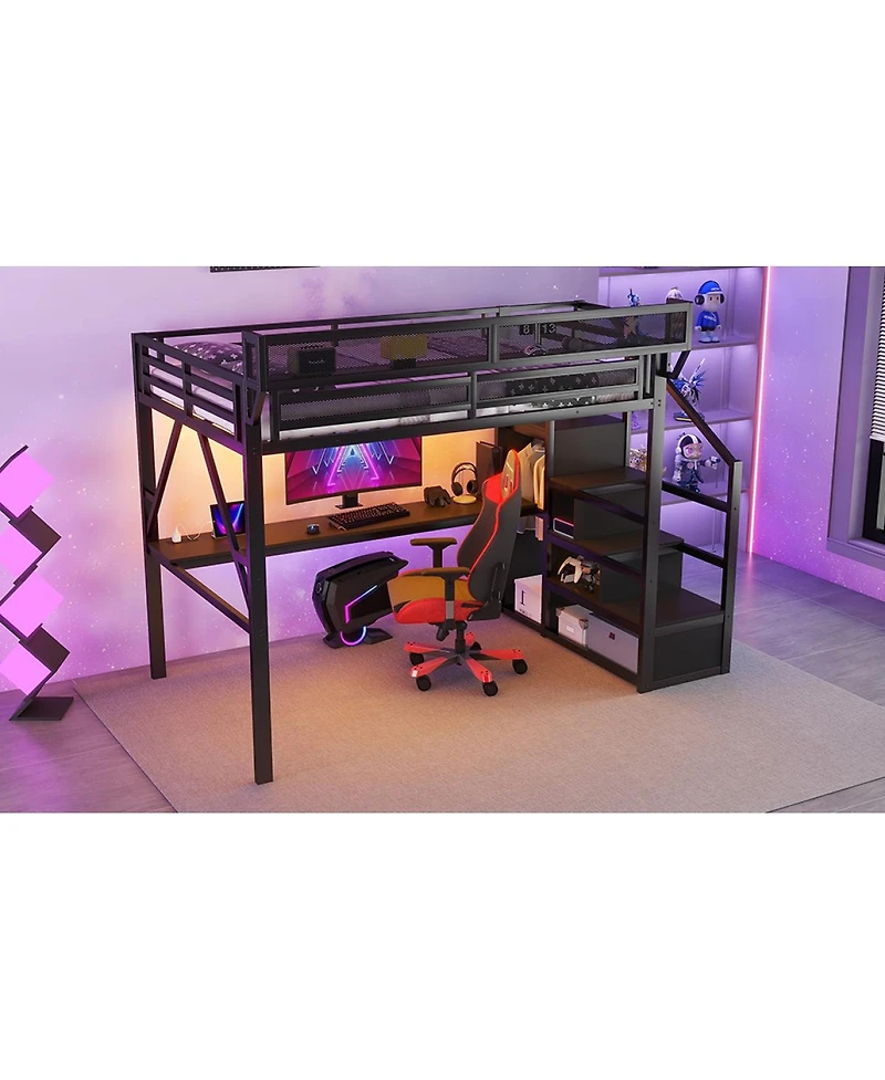 Streamdale Furniture Queen Metal Loft Bed with Desk, Stairs and Charging Station